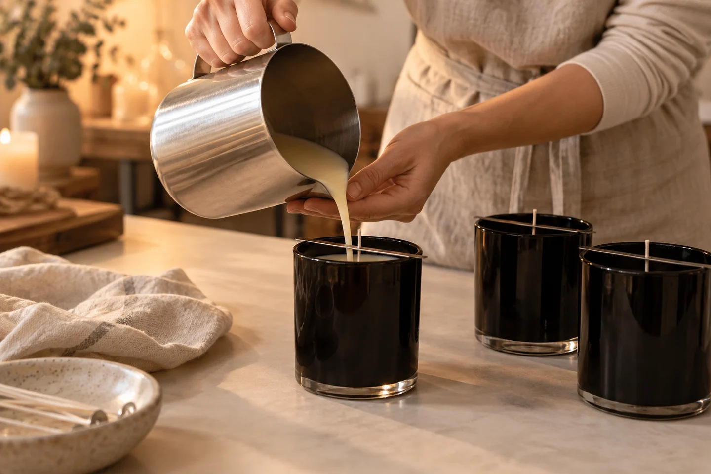 Warm wax being carefully hand-poured into black glass candle vessels