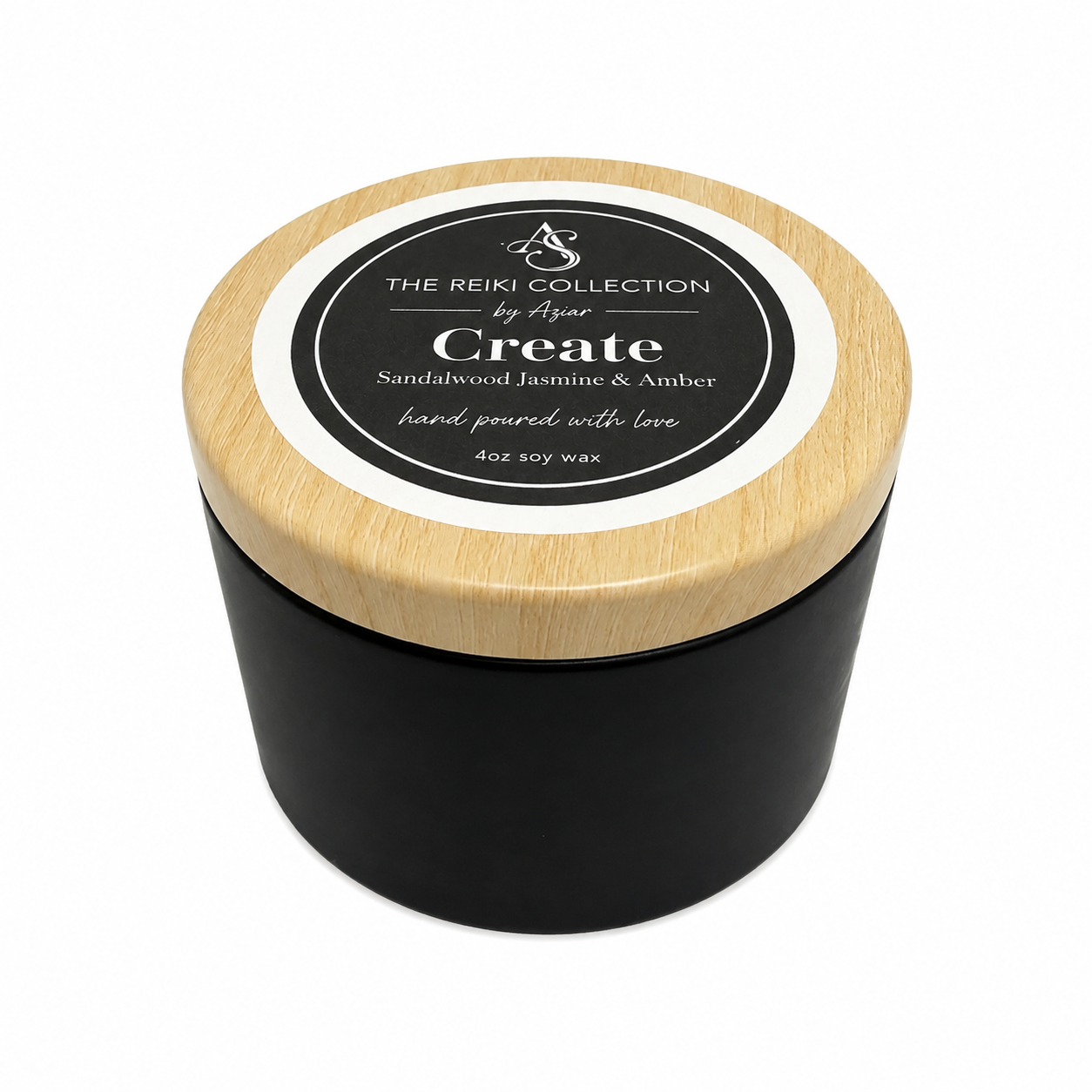 Create 4 oz soy candle in a black vessel with a wood-look lid