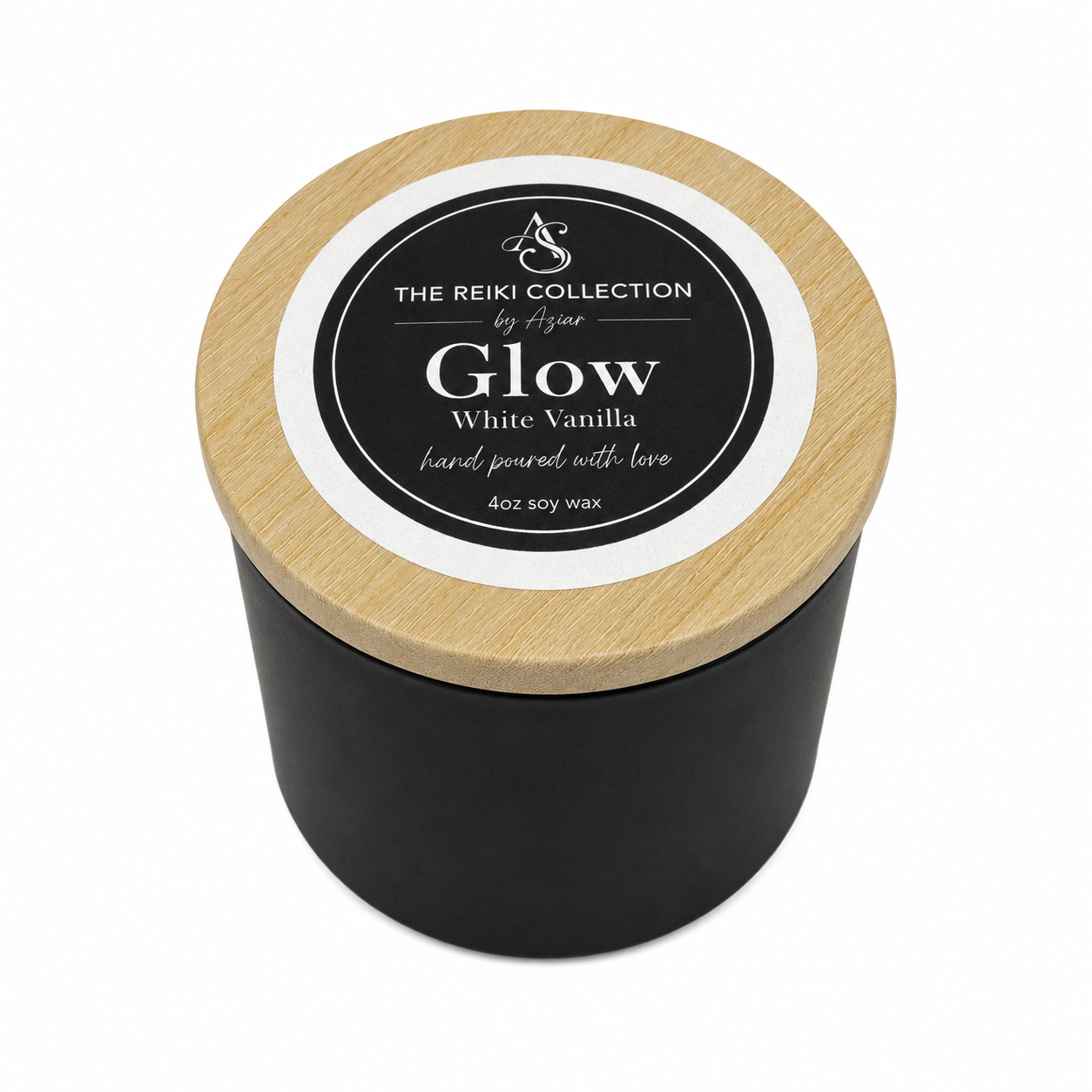 Glow 4 oz soy candle in a black vessel with a wood-look lid