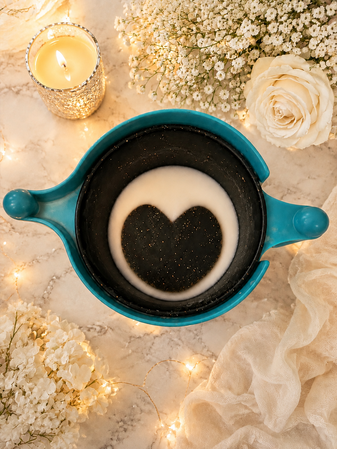 A heart-shaped moment in candle wax, surrounded by flowers